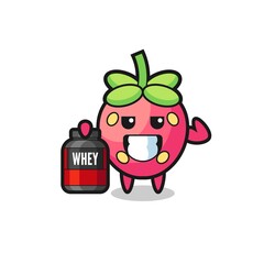 the muscular strawberry character is holding a protein supplement