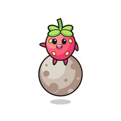 illustration of strawberry cartoon sitting on the moon