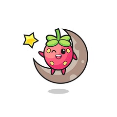 illustration of strawberry cartoon sitting on the half moon
