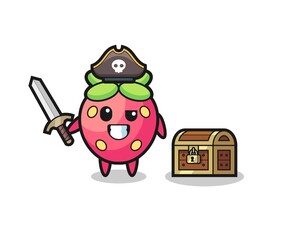 the strawberry pirate character holding sword beside a treasure box