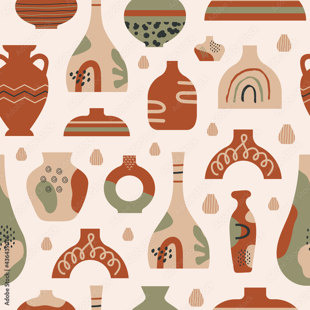 Aufkleber trendy abstract seamless pattern with pots, vases and organic various doodle shapes on pastel backgr