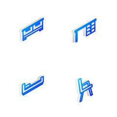 Set Isometric line Office desk, Chest of drawers, Bed and Armchair icon. Vector