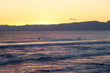 夕日が反射する海を鵠沼海岸から見る景色