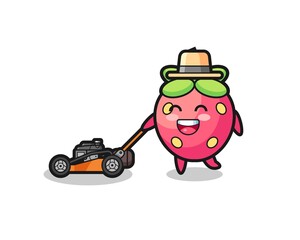 illustration of the strawberry character using lawn mower