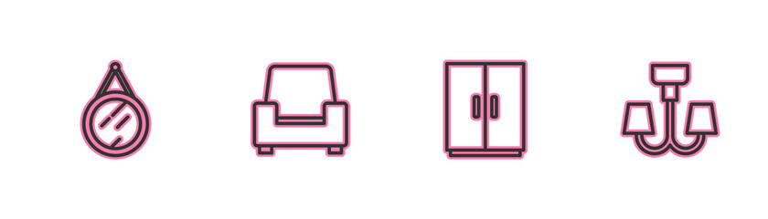 Set line Mirror, Wardrobe, Armchair and Chandelier icon. Vector