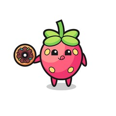 illustration of an strawberry character eating a doughnut