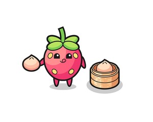 cute strawberry character eating steamed buns
