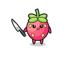 cute strawberry mascot as a psychopath holding a knife
