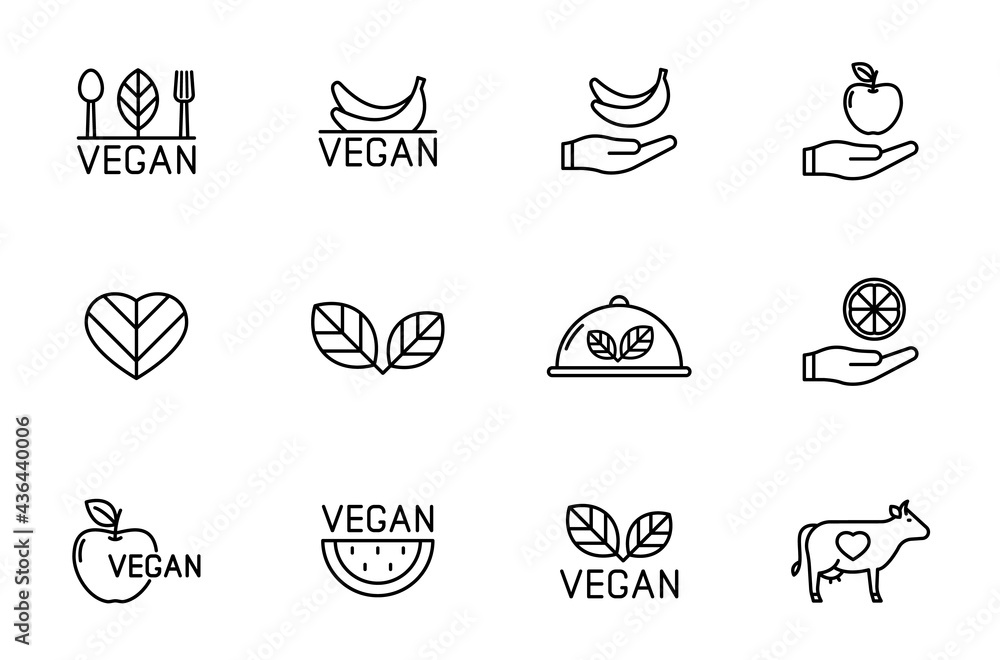 Poster vegan line vector icons isolated on white. vegan non violent food lineal icon set for web and ui des