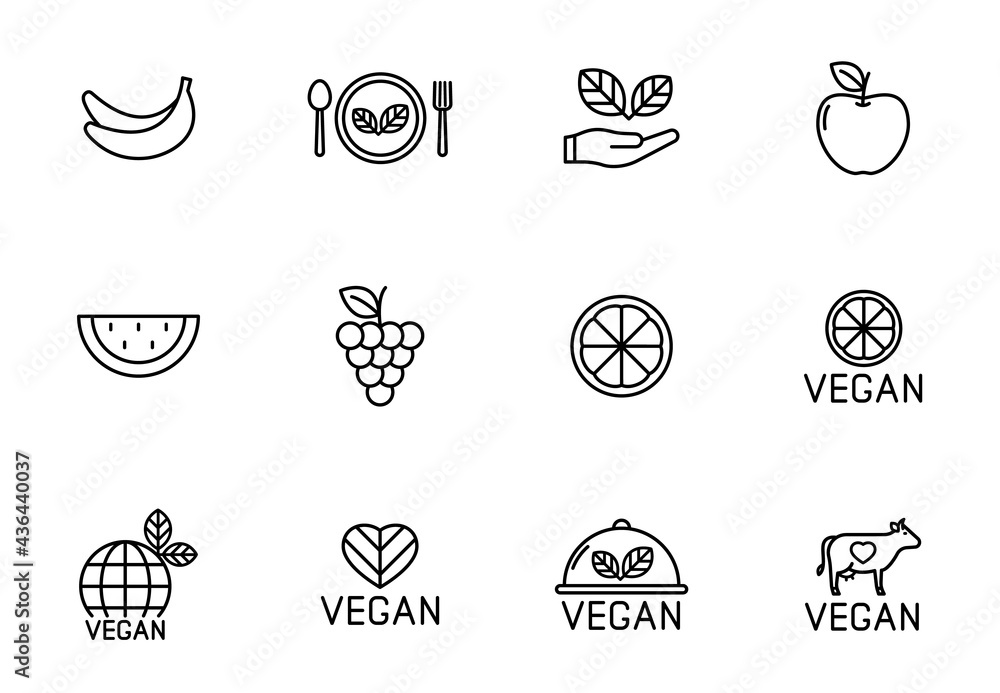 Poster vegan outline vector icons isolated on white background. vegan healthy food line icon set for web an
