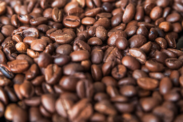Coffee background close-up macro. Lots of coffee beans and copy space.