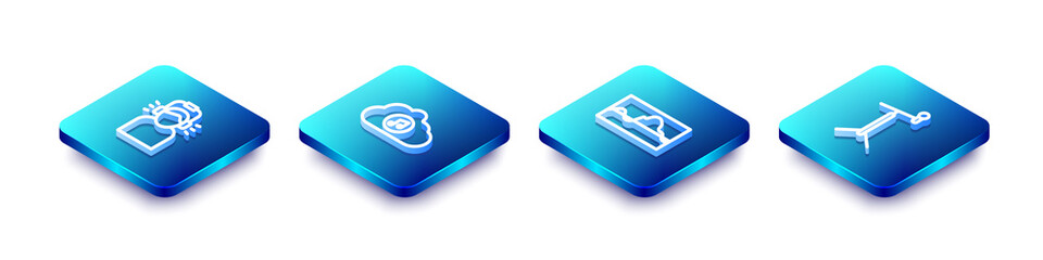 Set Isometric line Man in headphones, Music streaming service, wave equalizer and Microphone with stand icon. Vector