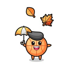 cartoon of the cute basketball holding an umbrella in autumn