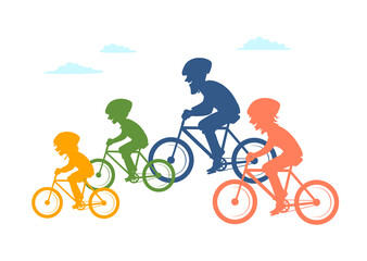  cartoon family riding bikes bicycles, cycling together isolated vector illustration colorful silhouettes scene