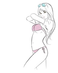 Sexy woman taking off her t-shirt. Summer fashion. Bikini. vector illustration isolated cartoon hand drawn