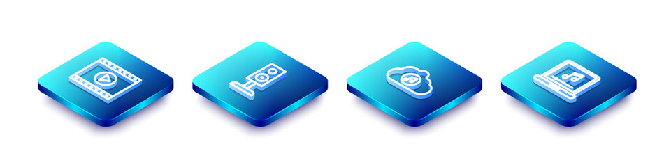 Set Isometric line Online play video, Stereo speaker, Music streaming service and Laptop with music note icon. Vector