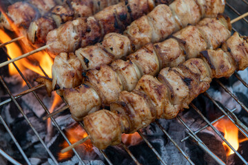 Grillen von Fleischspießen mit Hühnerfleisch