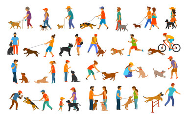 Fototapeta na wymiar people with dogs graphic.man woman training their pets basic obedience commands like sit lay give paw walk close, exercising run jump barrier, protection, running playing and walking, teaching 