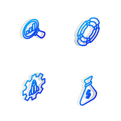 Set Isometric line Business lifebuoy, Magnifying glass and analysis, Startup project concept and Money bag icon. Vector