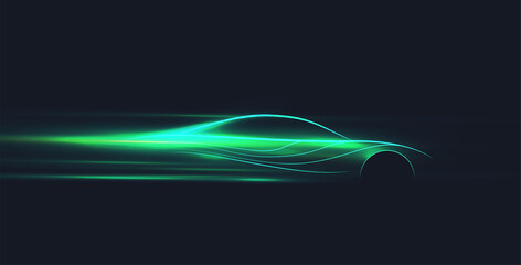 Fototapety  Green neon glowing in the dark electric car on high speed running concept. Fast ev silhouette. Vector illustration