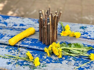 master class, how to make a vase from sticks and tin cans, kids craft