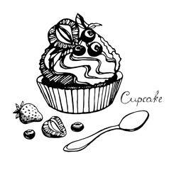 Cupcake, dessert with cream, strawberries, blueberries, spoon. Black lines on a transparent background, isolated. Vector