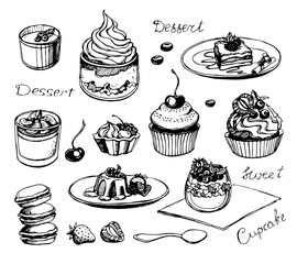Set of desserts, cupcakes, cakes, berries, spoons, cream, waffles. Black lines on a transparent background, isolated. Vector