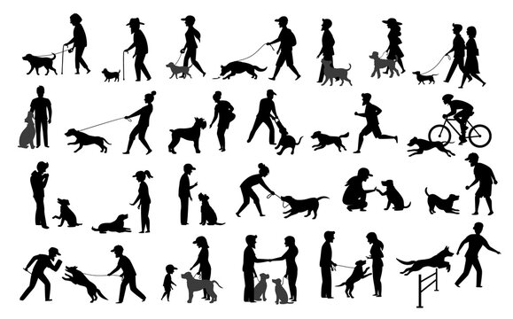 people with dogs silhouettes graphic set.man woman training their pets basic obedience commands like sit lay give paw walk close, exercising run jump barrier, protection, running playing, walk, teach