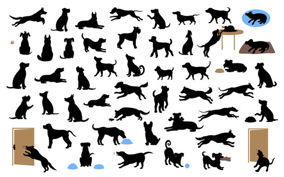 different dogs silhouettes set, pets walk, sit, play, eat, steal food, bark, protect run and jump, isolated vector illustration  over white background