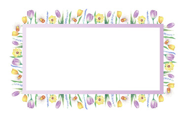 Aquarelle floral copy space frame with flowers. Watercolor hand painted square greeting card for wedding, easter, birthday, holidays. Frame different flowers.