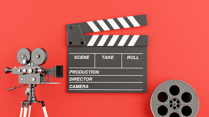 3d render of clapper board with reel film,retro movie camera for cinema concept