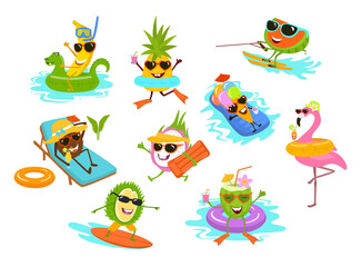 summer time funny tropical fruits , flamingo , ice cream cartoon characters chilling on the beach pool vacation  set