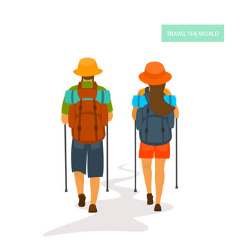 Two Hikers Man And Woman Traveling, Back View, Isolated Vector Illustration Graphic