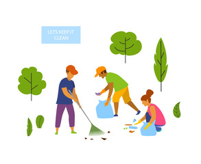 young people volunteers cleaning up the park isolated vector graphic scene