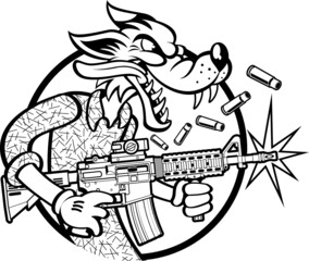 cartoon style wolf firing ar-15 automatic assault rifle