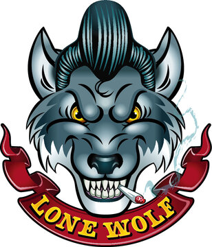 wolf head with 1950s hairstyle and banner lone wolf