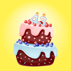 Forty three years birthday cake with candles number 43. Cute cartoon festive vector image. Chocolate biscuit with berries, cherries and blueberries. Happy Birthday illustration for parties