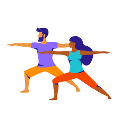 man an woman o yoga exercise, staning in warrior two pose graphic