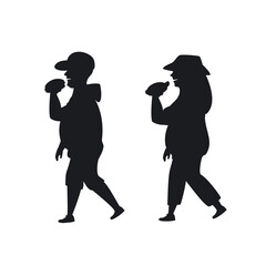 overweight man and woman walking eating fast food on the way silhouette graphic