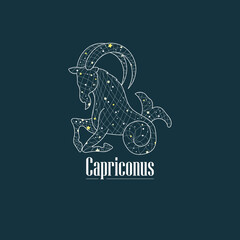 Zodiac design with star grid. Abstract capricorn design. Signs with texts in Latin.