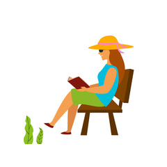 young woman reading book sitting on a bench in a park graphic