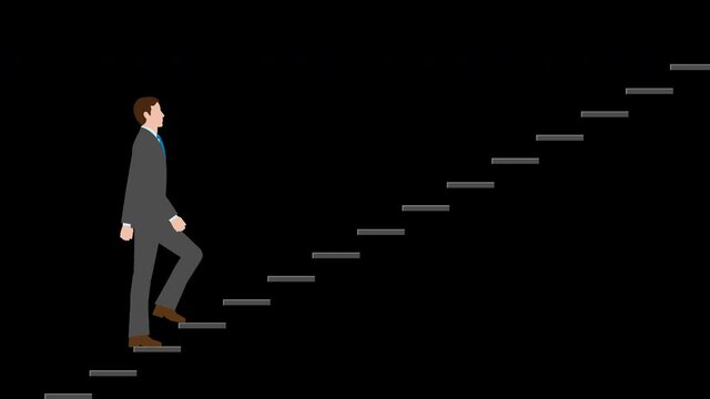 階段を一歩一歩確実に上がるビジネスマン。イラスト動画素材