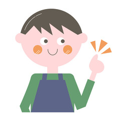 エプロンの男性・上半身の線なしイラスト）指差す・アイデア・ポイント