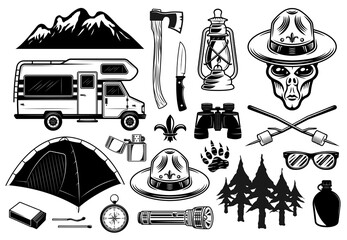Alien boy scout and camping set of outdoor adventure vector objects in vintage monochrome isolated on white background - obrazy, fototapety, plakaty