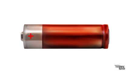 Red realistic battery icon isolated on white background. Alkaline type AA. Blank object, 3D mockup. Vector illustration.