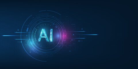 Abstract futuristic digital and technology on dark blue color background. AI(Artificial Intelligence) wording with the circuit design. - obrazy, fototapety, plakaty