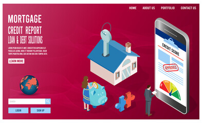 Fototapeta premium Mortgage loan regulation isometric landing page with house, key and credit score. .Personal bank credit for buying home concept. Flat Isometric Vector Illustration eps10.