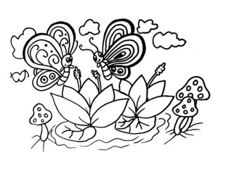 hand drawn flowers with butterfly coloring page,flower coloring page,