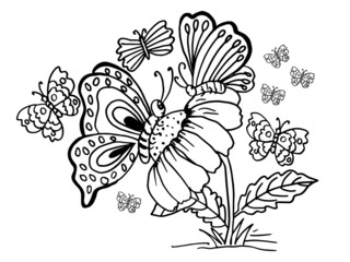 hand drawn flowers with butterfly coloring page,flower coloring page