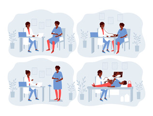 A set of illustrations with a pregnant African American woman visiting a doctor. The doctor conducts ultrasound examination, weighing, blood pressure measurement. Flat vector illustration.